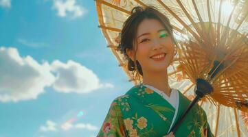 femme portant traditionnel Japonais kimono avec parapluie en dessous de bleu ciel photo