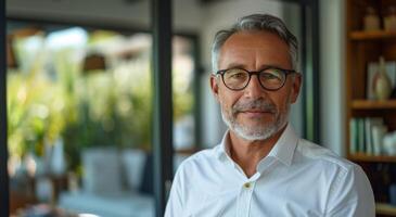 mature homme portant des lunettes et blanc chemise à l'intérieur pendant jour photo