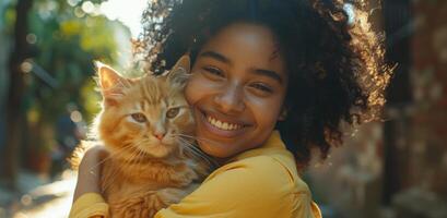 souriant femme en portant Orange chat dans sa bras à l'extérieur pendant d'or heure photo