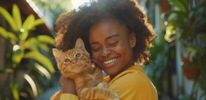 souriant femme en portant Orange chat dans sa bras à l'extérieur pendant d'or heure photo