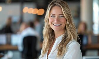 professionnel femme avec blond cheveux souriant dans Bureau photo