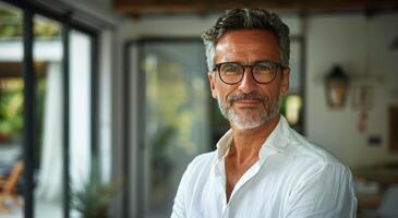 mature homme portant des lunettes et blanc chemise à l'intérieur pendant jour photo