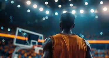 basketball joueur permanent sur tribunal pendant Jeu avec flou foule dans Contexte photo