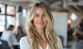 femme avec blond cheveux souriant dans un Bureau réglage photo