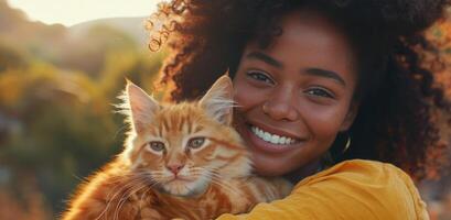 femme souriant et en portant Orange chat en plein air dans été photo