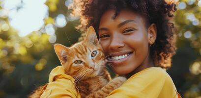 femme souriant et en portant Orange chat en plein air dans été photo