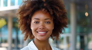 portrait de une souriant femme avec frisé cheveux dans une ville réglage photo