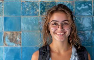 Jeune femme avec sac à dos sourit tandis que permanent dans de face de bleu tuile mur photo