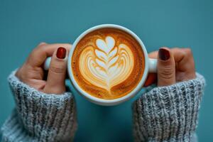 mains dans chaud tricoter chandails en portant une tasse de latté avec en forme de coeur mousse art photo