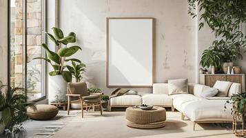intérieur pièce conception avec moderne mur cadre, blanc style sol, meubles Accueil modèle. Contexte photo