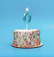 anniversaire gâteau avec nombre 0 bougie, célébrer enfant s naissance. enfant fête avec gâteau, de fête photo