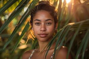 souriant Jeune femme jouit été journée dans parc, lumière du soleil dans cheveux. joyeux, jolie Dame dans décontractée photo