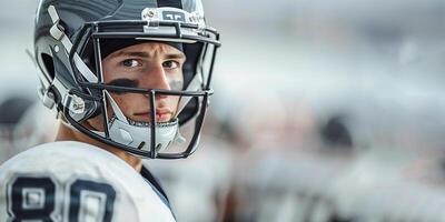 américain Football joueur portant une gris casque et une blanc uniforme avec noir rayures en dessous de le sien yeux. fermer de le affronter. copie espace photo