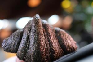 noir croissant avec seiche encre sur une blanc assiette avec une tasse de cappuccino latté café contre une vert fenêtre Contexte été petit-déjeuner, France gourmet nourriture délicieux le déjeuner casse-croûte photo