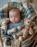 bébé en train de dormir dans panier avec ours photo