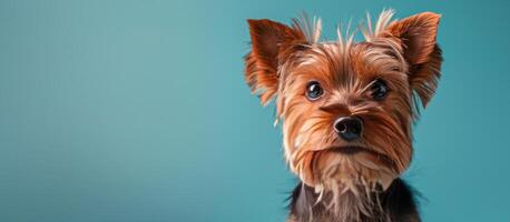 petit marron chien avec longue cheveux sur bleu Contexte photo