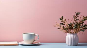 une tasse de café à côté de une vase de fleurs photo