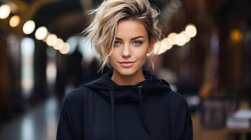 femme avec blond cheveux dans noir sweat à capuche photo