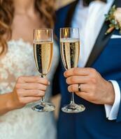 la mariée et jeune marié en portant Champagne flûtes photo