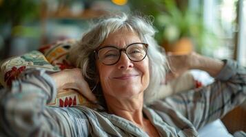 plus âgée femme souriant dans hôpital lit photo