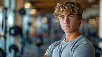 Jeune homme permanent dans de face de Gym machine photo