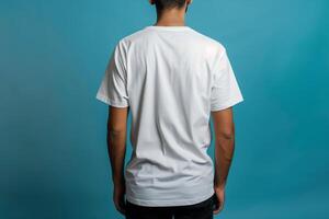 retour vue de une homme dans une bouffant blanc T-shirt isolé. maquette concept. photo