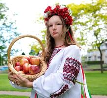 une magnifique fille regards par une panier avec sorbier des oiseleurs baies dans sa mains et sourit. portrait de une magnifique femme suivant à une sorbier des oiseleurs arbre. traditionnel costume. photo