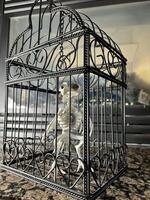 oiseau squelette est assis dans une cage Halloween dans plein balançoire fermer de Halloween décoration caméra statique Est-ce que ne pas bouge toi le chaîne au dessus le tête de le squelette est échelonnement marbre carrelage dans le Contexte photo