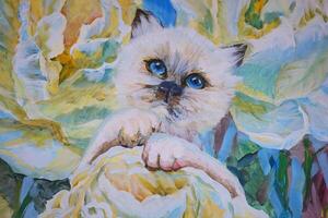dessin de une blanc chat avec bleu Profond yeux sur une Contexte de fleurs beige bleu turquoise Couleur prévaloir dans le dessin image sur le mur dessin avec aquarelles pétrole des peintures photo