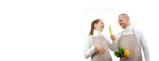 bannière pour épicerie boutique La publicité des légumes des fruits livraison panneau d'affichage carte postale La publicité espace pour texte proche en haut père et fille mari et épouse chefs restaurant végétarien nourriture régime photo