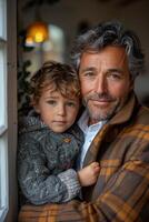 homme en portant petit enfant près fenêtre photo