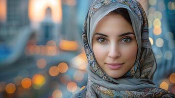 femme dans une foulard à le coucher du soleil photo