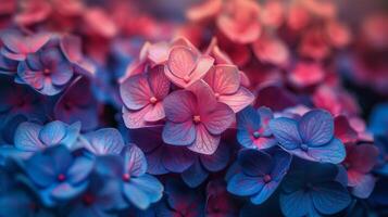 proche en haut de rose et bleu fleurs photo