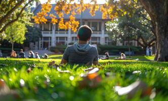 homme en train de lire livre tandis que séance dans herbe photo