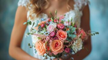 une la mariée en portant une bouquet de fleurs photo
