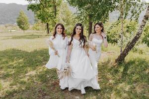 Trois femmes dans blanc Robes sont en marchant par une champ avec fleurs photo