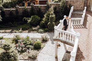 une la mariée et jeune marié sont permanent sur une blanc pierre escalier dans de face de une jardin photo