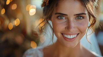 femme dans mariage robe souriant à caméra photo