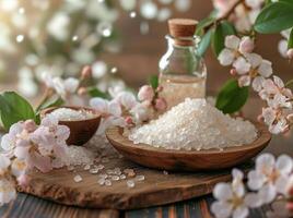 en bois cuillère et bol de blanc fleurs sur table photo