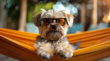 petit chien portant des lunettes de soleil pose dans hamac photo