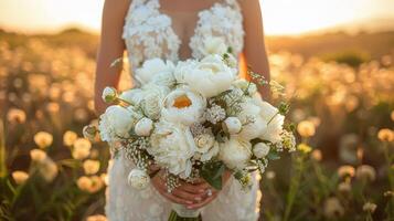 la mariée en portant bouquet de blanc fleurs photo