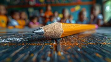 une fermer vue de une aiguisé crayon sur une rayé bureau avec les enfants dans le Contexte photo