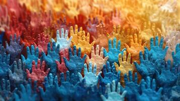 diversité, équité et inclusion concept. une collection de vibrant main impressions couvrant une table dans une variété de couleurs et tailles photo