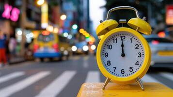 temps pour succès. une brillant Jaune alarme l'horloge est mis sur Haut de une correspondant à Jaune Publier photo