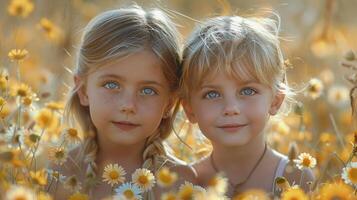 deux Jeune les filles permanent dans une champ de grand herbe photo