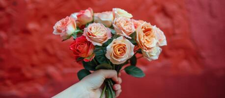 la personne en portant bouquet de des roses photo