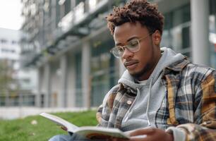 homme séance dans herbe en train de lire livre photo