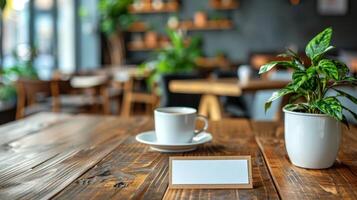 en bois table avec deux tasses de café photo