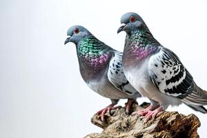 une couple pigeons permanent sur petit racine, blanc copie espace sur droite photo