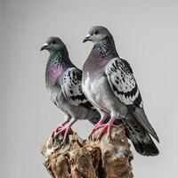 une couple pigeons permanent sur petit racine, blanc copie espace sur droite photo